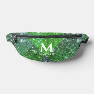Stylish Glitzy Green Glitter White Name Monogram Bum Bags