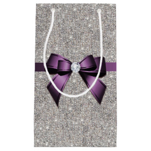 Stylish Glitzy Sequins, Purple Bow & Ribbon Small Gift Bag