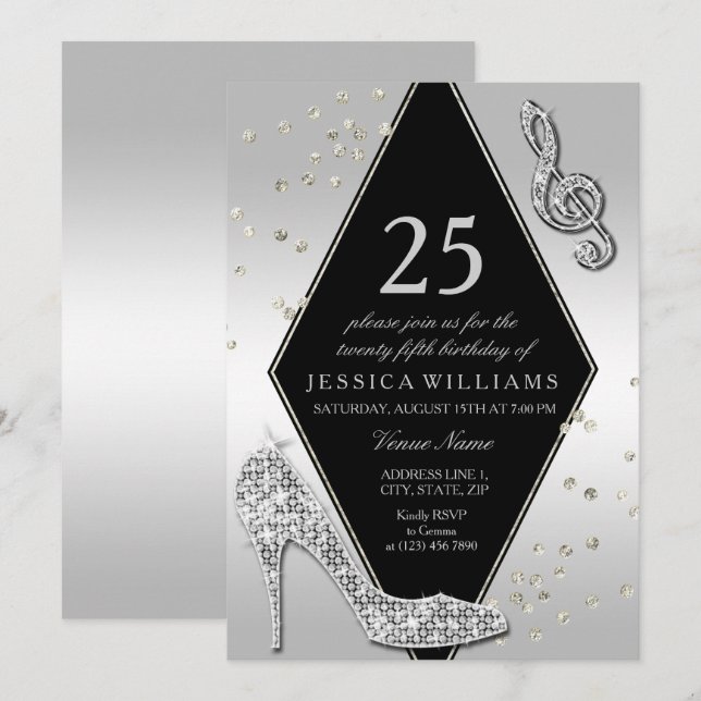 Stylish Glitzy Silver 25th Birthday Invitation (Front/Back)