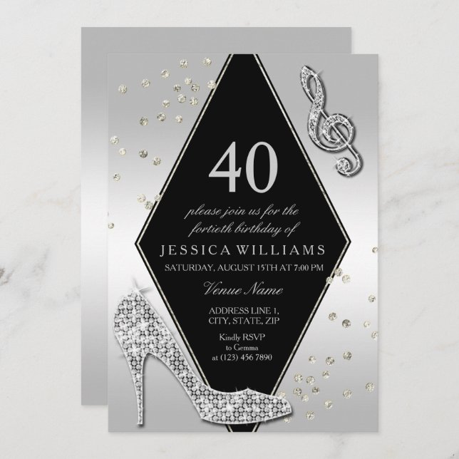 Stylish Glitzy Silver 40th Birthday Invitation (Front/Back)