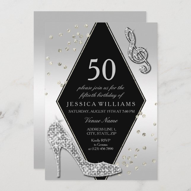 Stylish Glitzy Silver 50th Birthday Invitation (Front/Back)