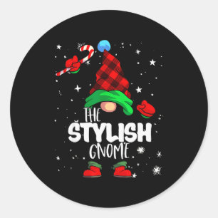 Stylish Gnome Red Buffalo Plaid Matching Family Ch Classic Round Sticker