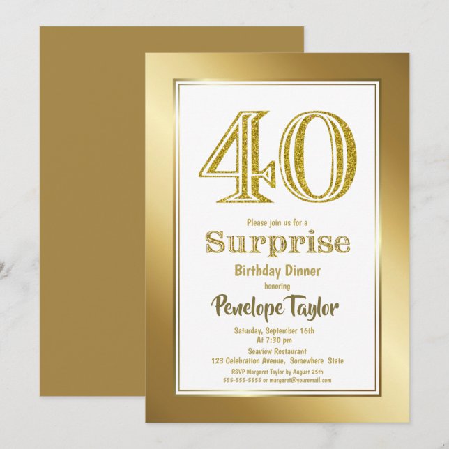 Stylish Gold 40th Birthday Dinner Party Invitation (Front/Back)