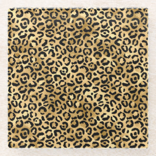 Stylish Gold and Black Foil Leopard Spots Pattern Glass Coaster