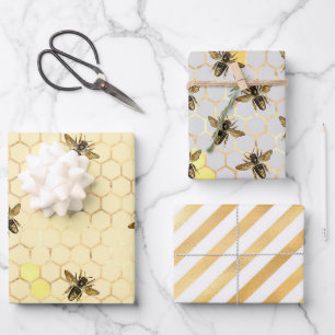 Stylish Gold Bees Honeycomb Honey Stripes Wrapping Paper Sheet