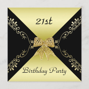 Stylish Gold & Black Decorative Bow 21st Birthday Invitation
