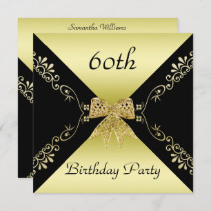 Stylish Gold & Black Decorative Bow 60th Birthday Invitation