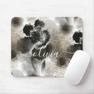 Stylish Gold Black Floral Signature Monogram Mouse Pad