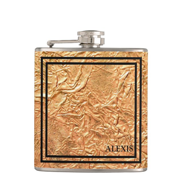 Stylish Gold Black Personalised Hip Flask (Front)