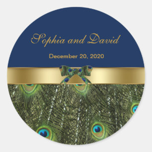 Stylish Gold Blue Peacock Wedding Monogram Classic Round Sticker