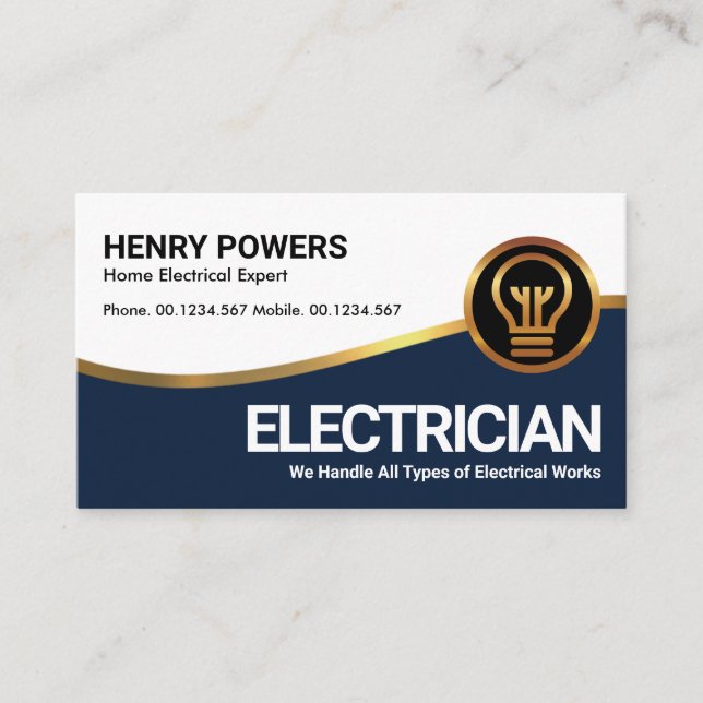 Stylish Gold Blue Wave Gold Bulb Electrician Business Card (Front)