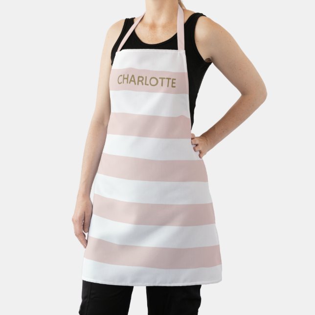 Stylish gold blush pink white stripes custom name apron (Insitu)