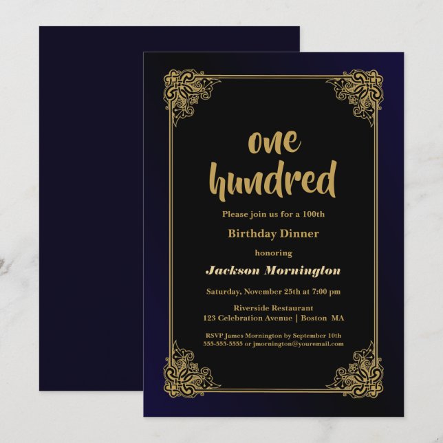 Stylish Gold Border Black 100th Birthday Dinner Invitation (Front/Back)