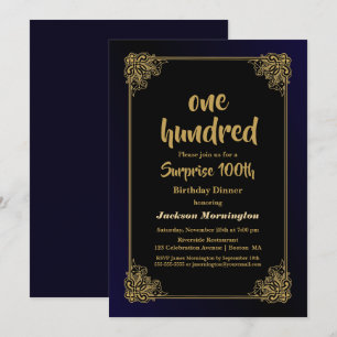 Stylish Gold Border Surprise 100th Birthday Dinner Invitation