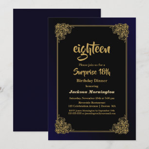 Stylish Gold Border Surprise 18th Birthday Dinner Invitation