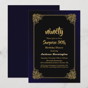 Stylish Gold Border Surprise 90th Birthday Invitation