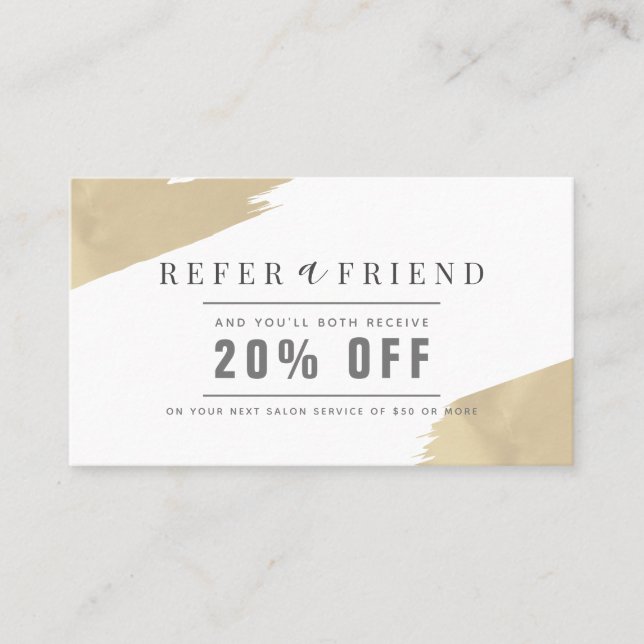 Stylish Gold Brush Strokes Hair Salon Referral Business Card (Front)