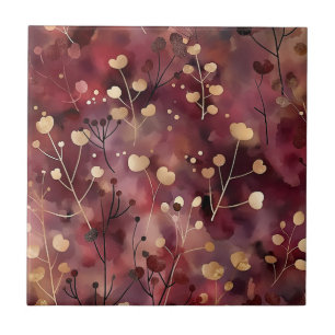 Stylish gold burgundy abstract floral pattern ceramic tile