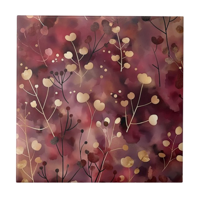 Stylish gold burgundy abstract floral pattern ceramic tile (Front)