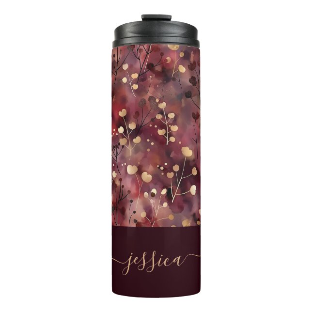 Stylish gold burgundy abstract floral script name thermal tumbler (Front)