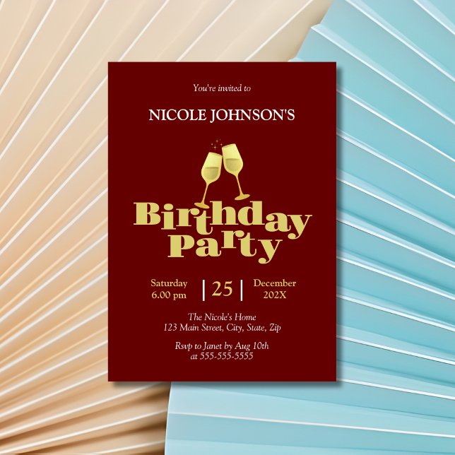 Stylish Gold Champagne Burgundy Birthday Party Invitation (Creator Uploaded)