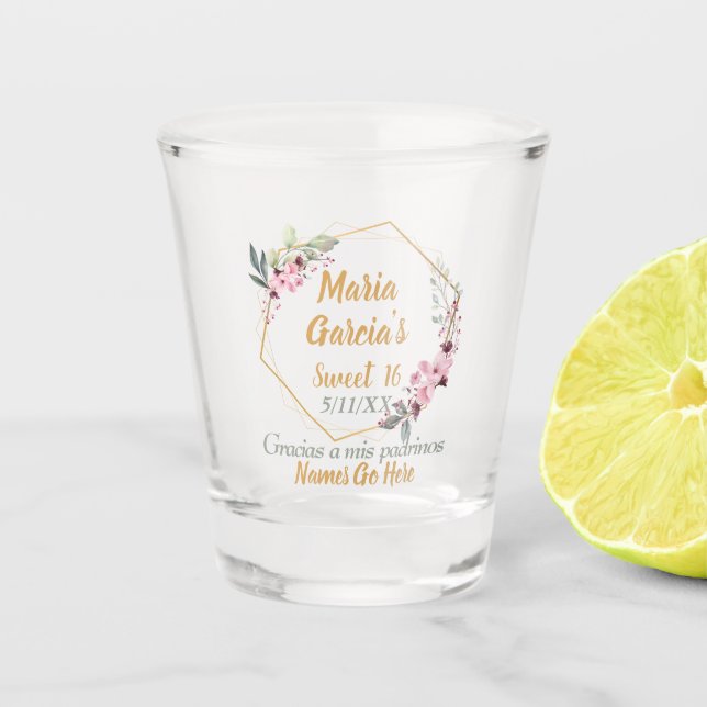 Stylish Gold Cherry Blossom Sweet 16 Personalised Shot Glass (Front)