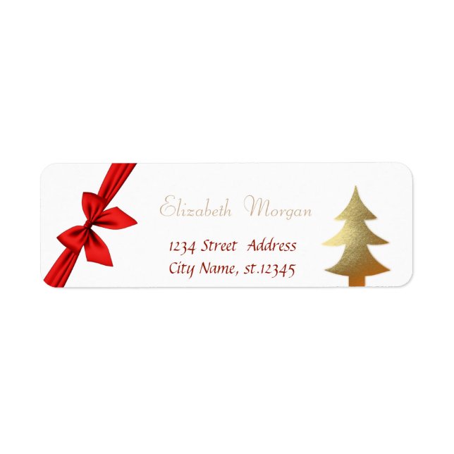 Stylish Gold  Christmas Tree , Red Bow Return Address Label (Front)