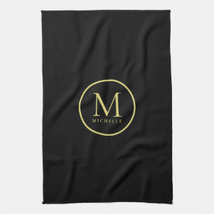 Stylish Gold Colour Monogram Name Template Black Tea Towel