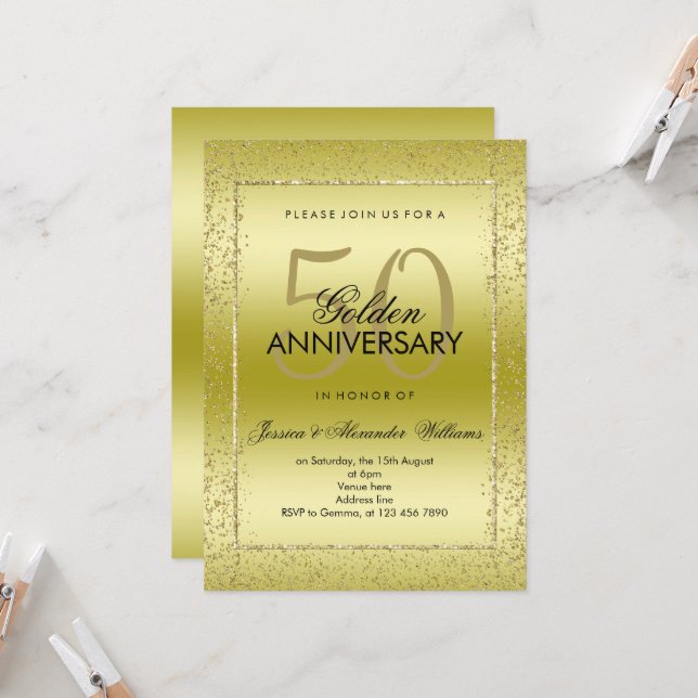 Stylish Gold Confetti 50th Golden Wedding Invitation (Front/Back In Situ)