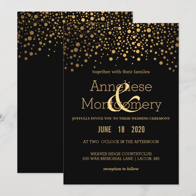 Stylish Gold Confetti and Black Wedding Invitation (Front/Back)