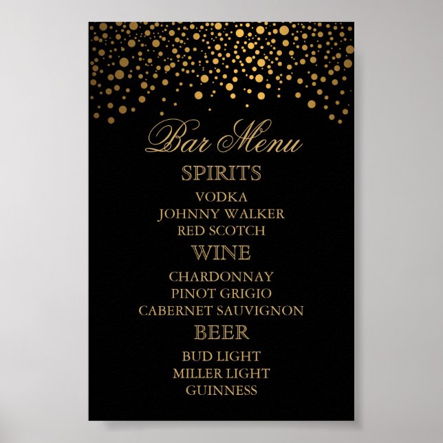 Stylish Gold Confetti Dots | Black - Bar Menu Poster (Front)