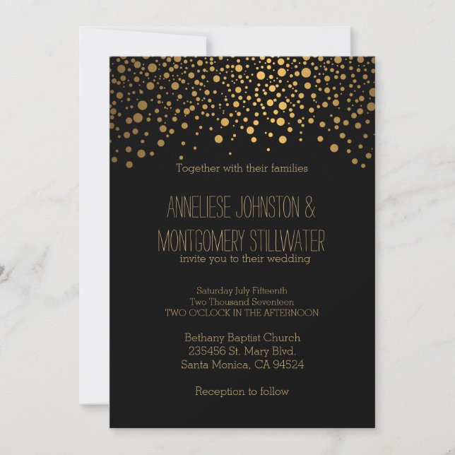 Stylish Gold Confetti Dots | Black Invitation (Front)