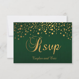 Stylish Gold Confetti Dots Dark Green RSVP Card