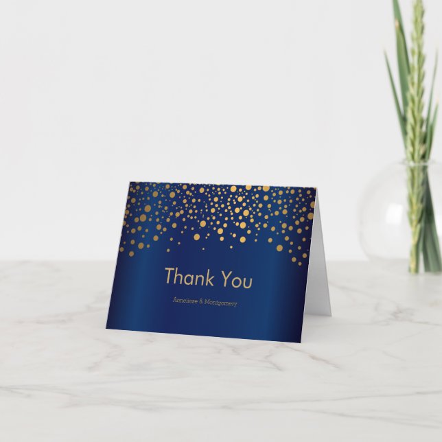 Stylish Gold Confetti Dots | Navy Blue Satin Thank You Card (Front)