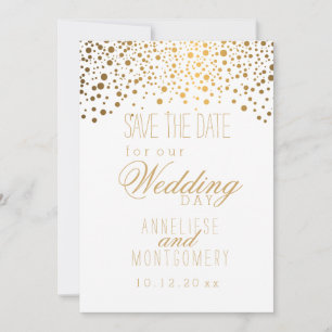Stylish Gold Confetti Dots on White Save The Date