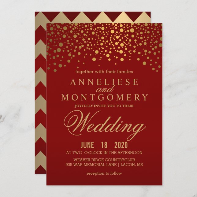 Stylish Gold Confetti Maroon Wedding Invitation (Front/Back)
