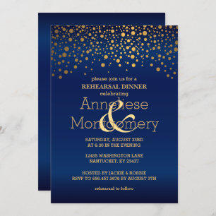 Stylish Gold Confetti & Navy Blue Rehearsal Dinner Invitation