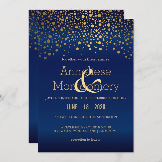 Stylish Gold Confetti Navy Blue Wedding Invitation (Front/Back)