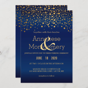 Stylish Gold Confetti Navy Blue Wedding Invitation