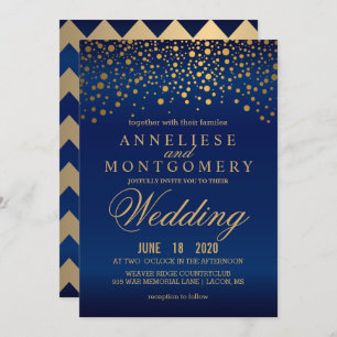 Stylish Gold Confetti Navy Blue Wedding Invitation