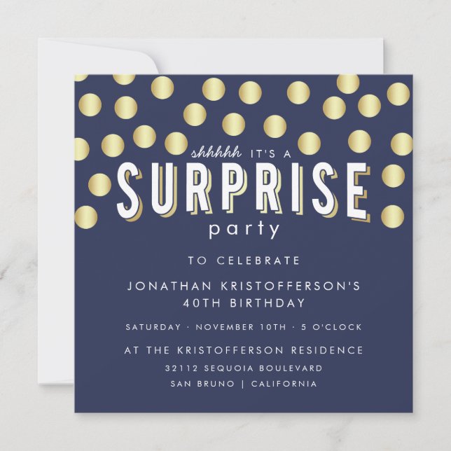 Stylish Gold Confetti Surprise Birthday Party Invitation (Front)