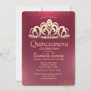 Stylish Gold Confetti Tiara Burgundy Quinceañera   Invitation