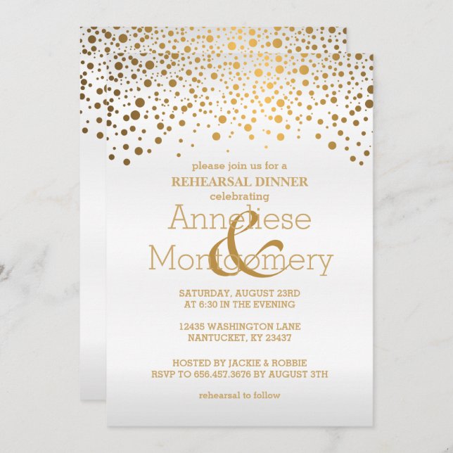 Stylish Gold Confetti & White Rehearsal Dinner Invitation (Front/Back)