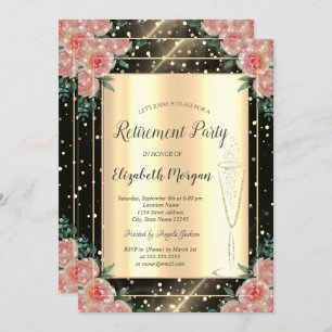 Stylish Gold Confetti Wine Glass Floral Retirement Invitation