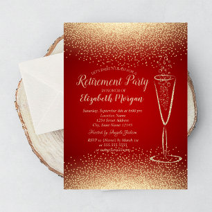 Stylish Gold Confetti Wine Glass Red Retirement Invitation