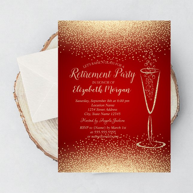 Stylish Gold Confetti Wine Glass Red Retirement Invitation (Creator Uploaded)