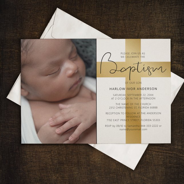 Stylish Gold Cross | Photo Baptism Invitation (Creator Uploaded)
