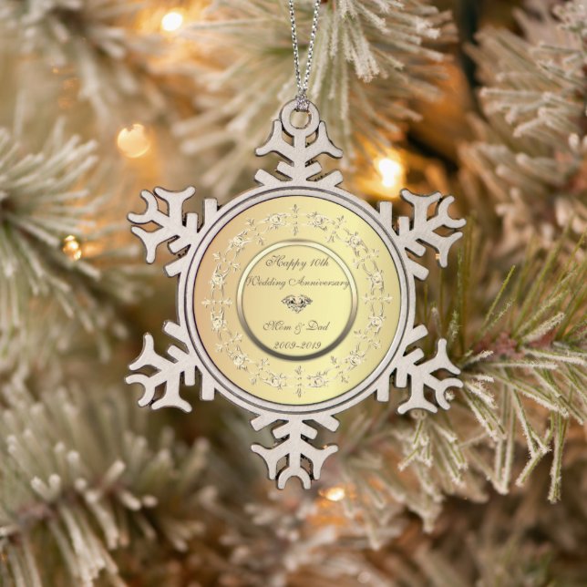 Stylish Gold Diamonds 10th Wedding Anniversary Snowflake Pewter Christmas Ornament (Tree)