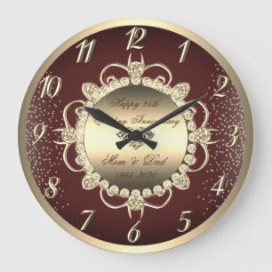 Stylish Gold Diamonds 25th Wedding Anniversary Large Clock