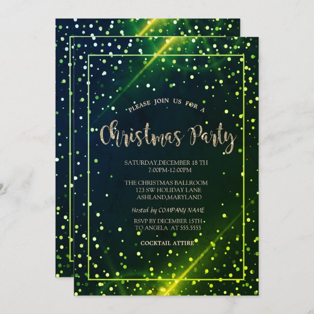 Stylish Gold Dots Green Company Christmas Party  Invitation (Front/Back)